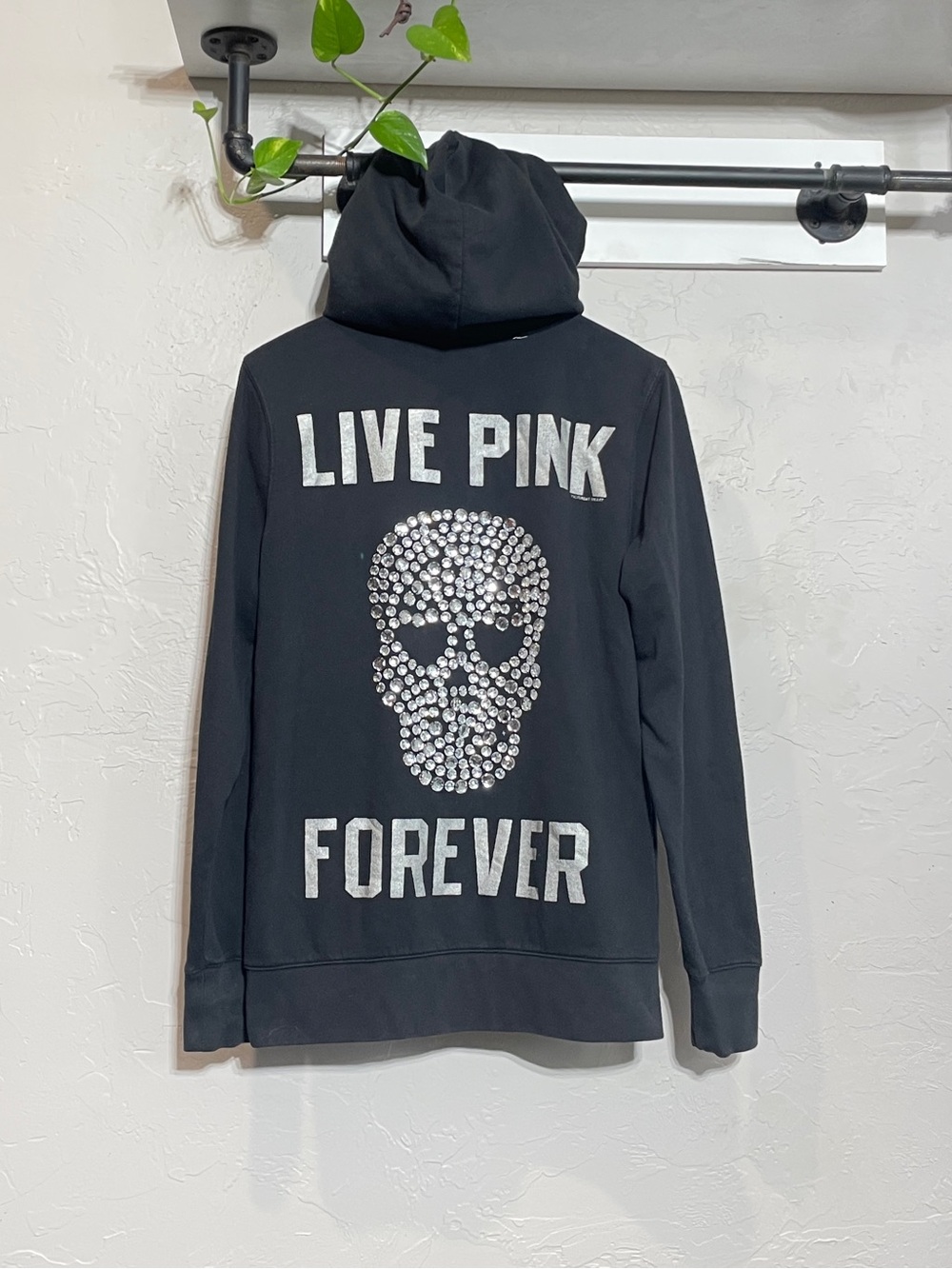 Y2K Victoria's Secret Live Pink Forever Rhinestone Skull Hoodie Rare Black